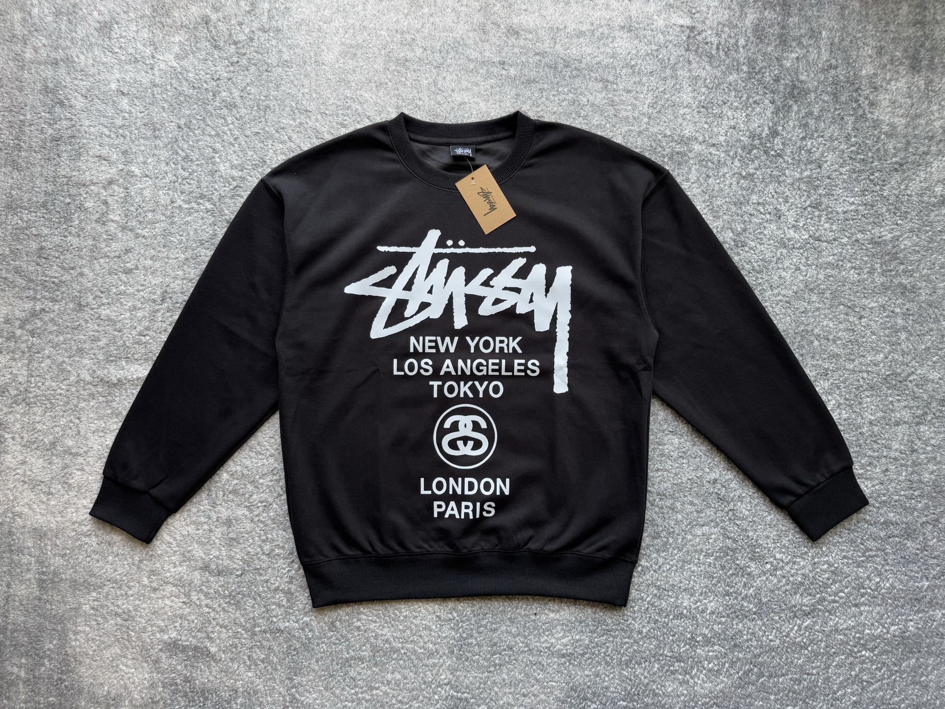 Stussy crewneck sweatshirt, dark with white city graphic on front