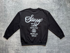 Stussy crewneck sweatshirt, dark with white logo and city list on back