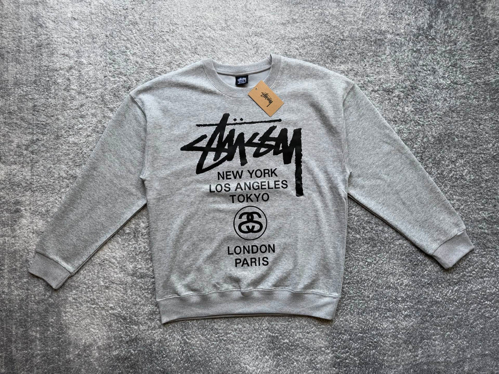 Stussy crewneck sweatshirt, light gray with white front city graphic