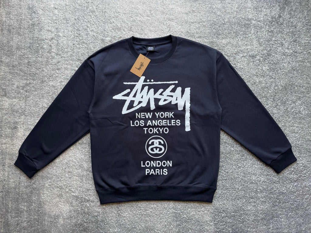 Stussy crewneck sweatshirt, dark with white front graphic and circular logo
