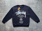 Stussy crewneck sweatshirt, dark with white front graphic and circular logo