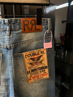 Light blue denim jeans with RRL leather patch and Double RL hang tag