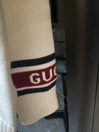 Cream Gucci knit cardigan sleeve cuff with striped logo band