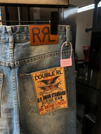Light blue denim jeans with RRL leather patch and Double RL booklet tag
