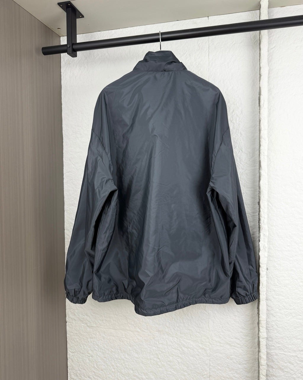 Prada hooded long jacket, blue-gray, back view