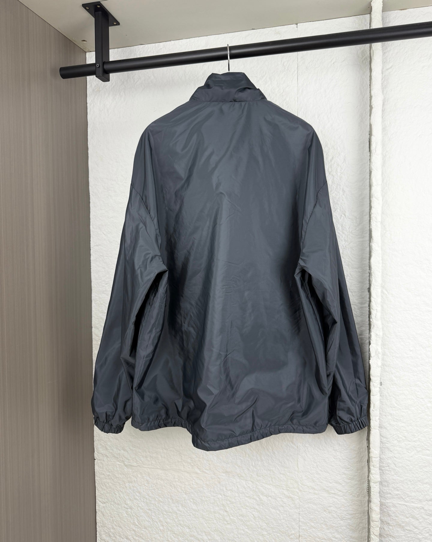 Prada hooded long jacket, blue-gray, back view