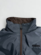 Prada hooded long jacket, blue-gray, hood lining and front zipper close-up