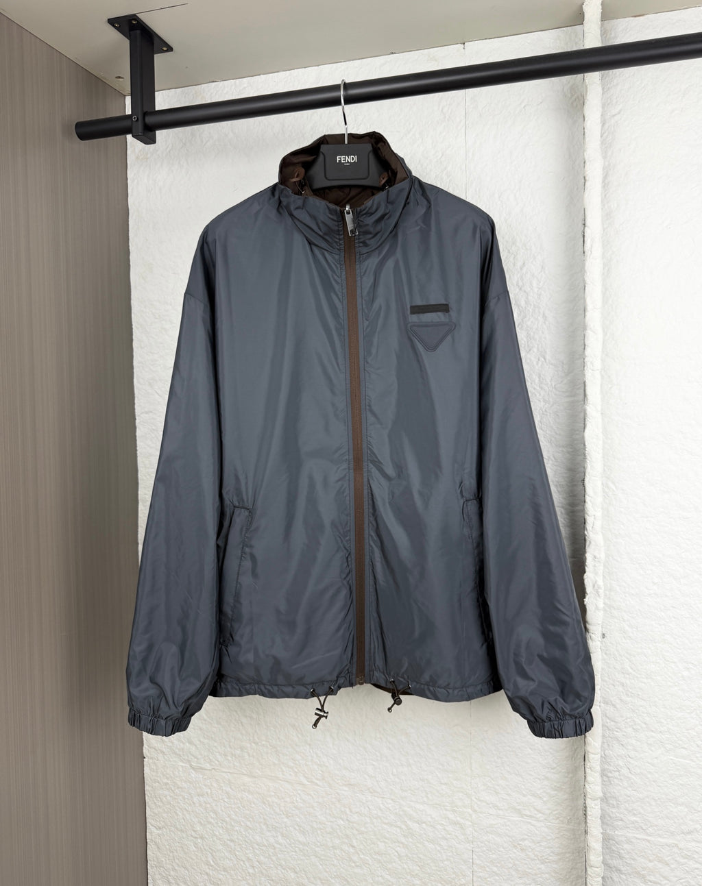 Prada hooded long jacket, blue-gray, front zipper and chest pocket