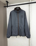 Prada hooded long jacket, blue-gray, front zipper and chest pocket