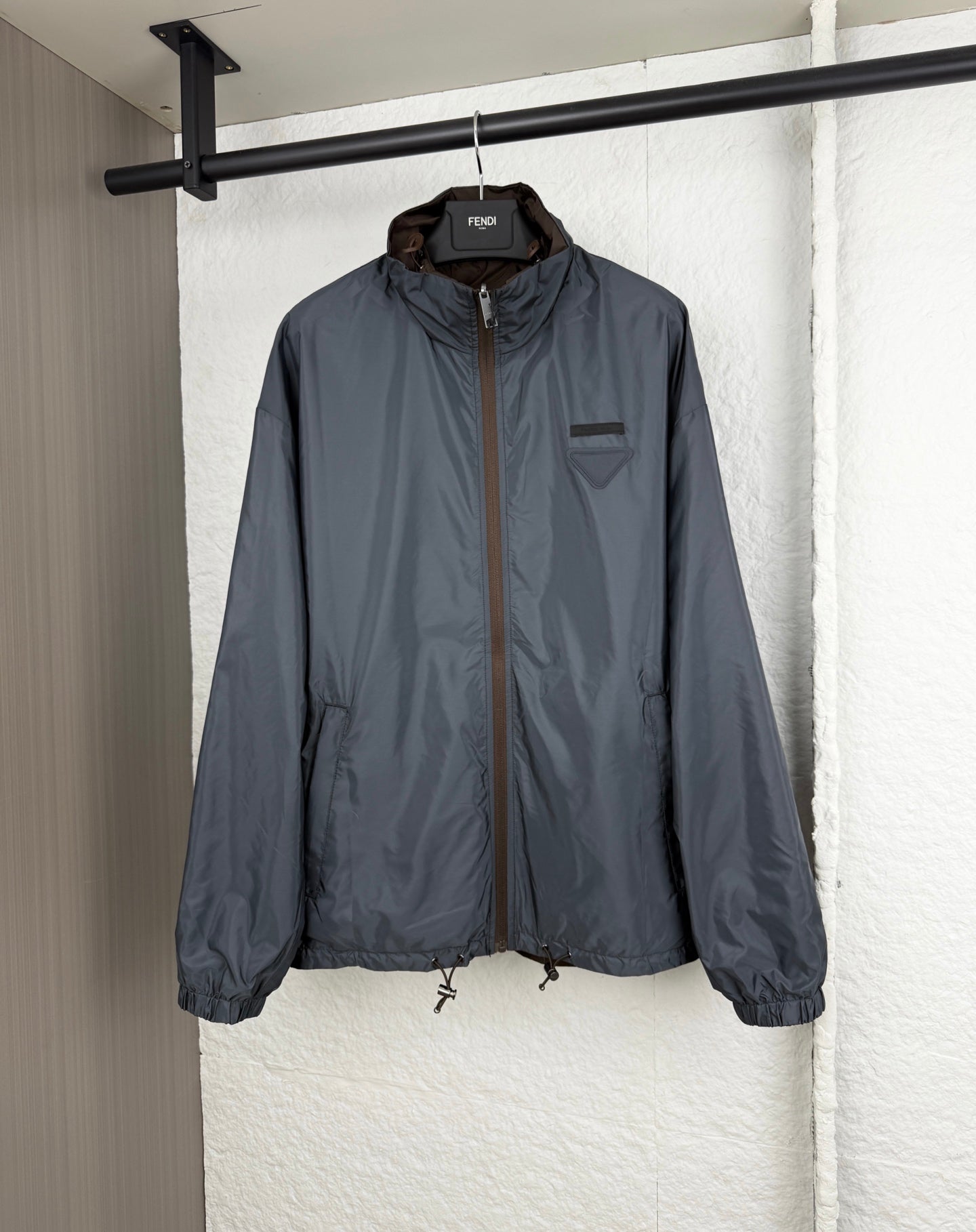 Prada hooded long jacket, blue-gray, front zipper and chest pocket