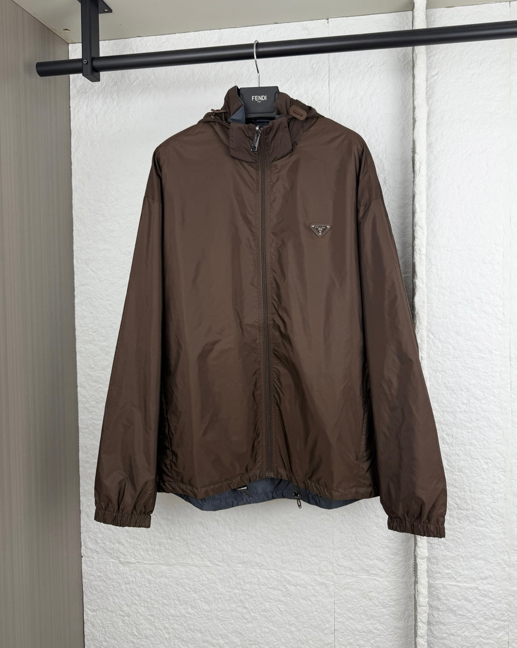 Prada hooded long jacket, brown, front zipper and drawstring hem