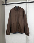 Prada hooded long jacket, brown, front zipper and drawstring hem
