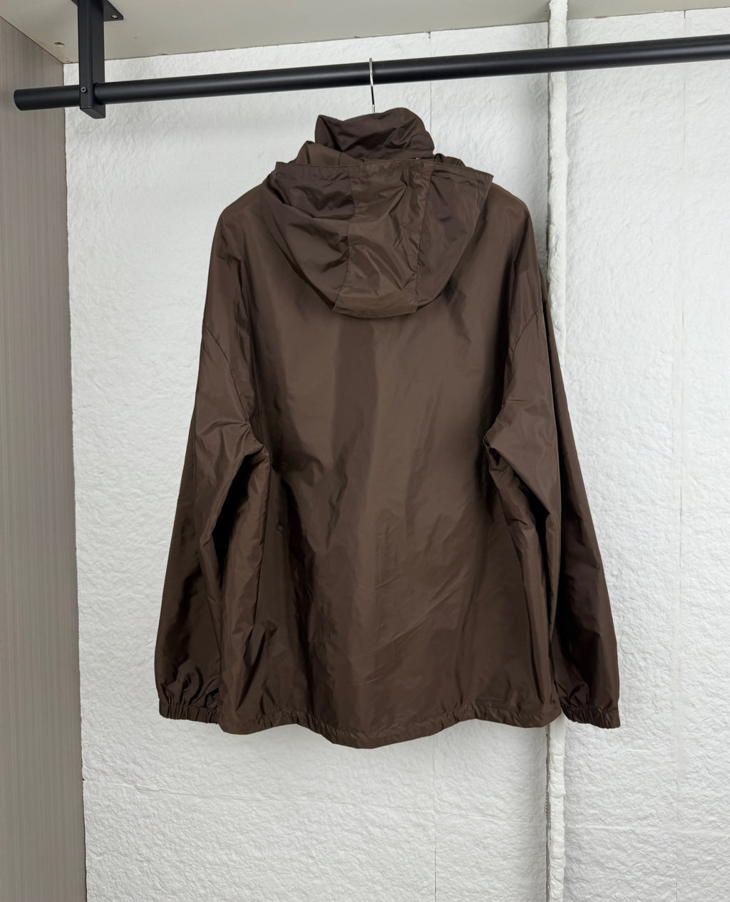 Prada hooded long jacket, brown, back view with adjustable hood