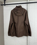 Prada hooded long jacket, brown, back view with adjustable hood