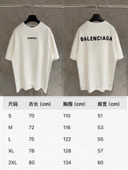 Two white short-sleeve T-shirts with BALENCIAGA logos and size chart (cm)