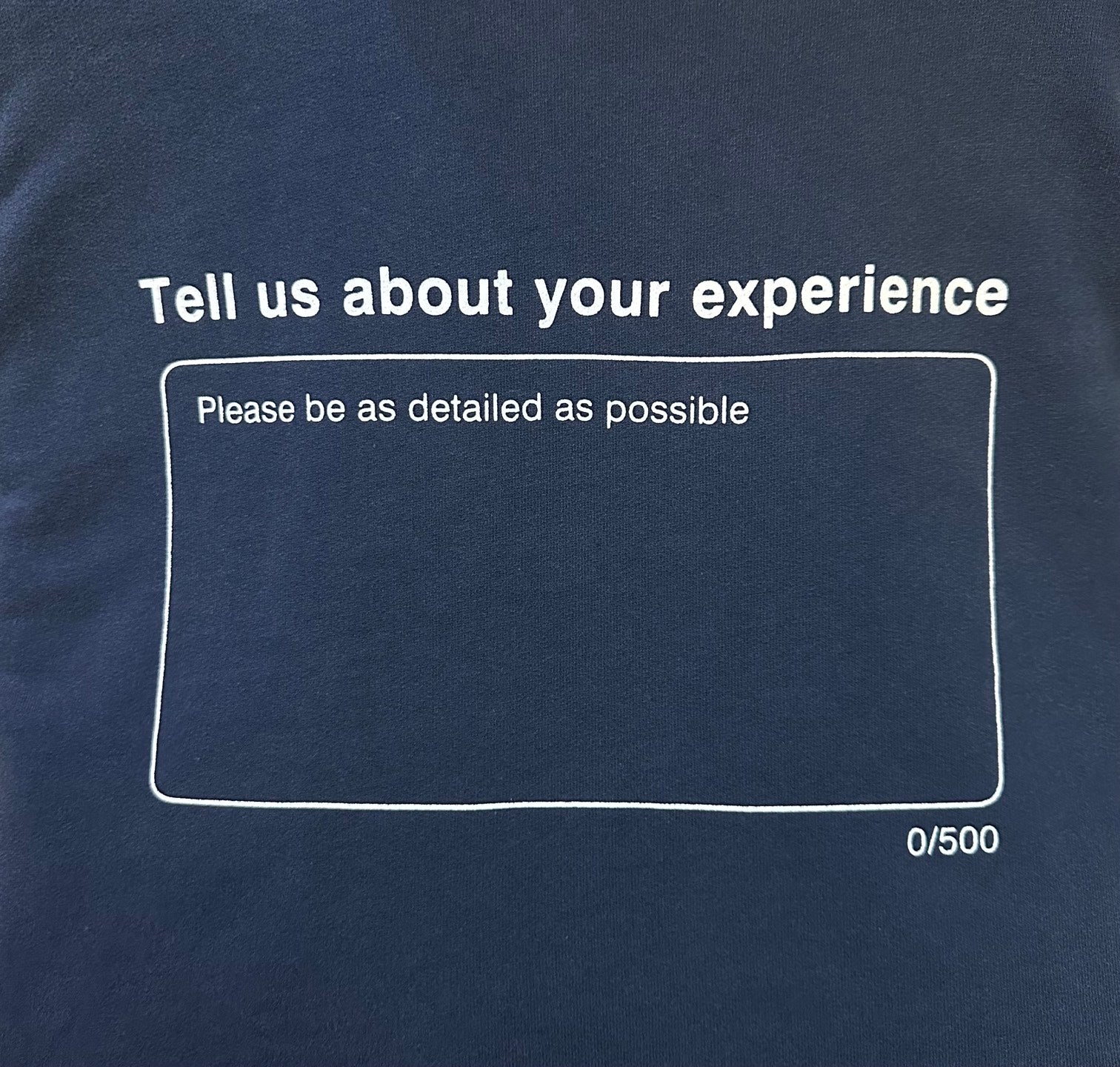 Balenciaga long hoodie blue fabric with “Tell us about your experience” text