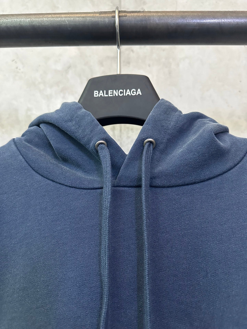 Balenciaga long hoodie blue, front hood with drawstrings and ribbed neckline