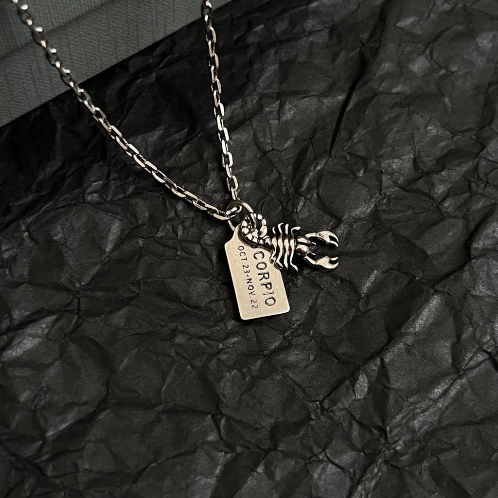 Silver necklace pendant with animal claw charm and engraved rectangular tag