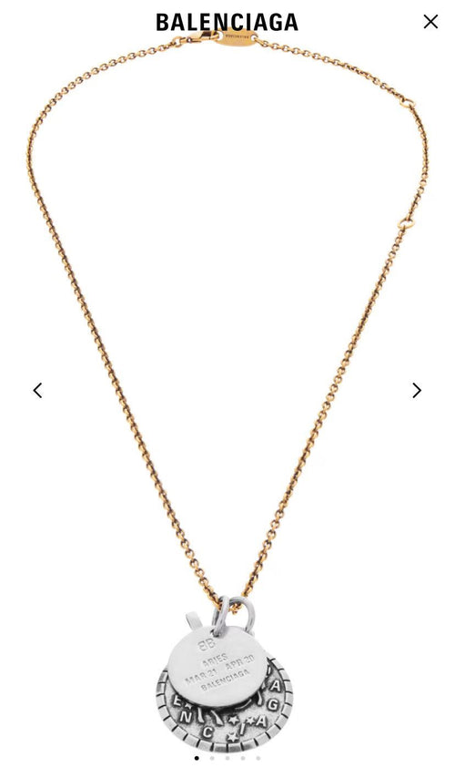 Balenciaga gold-tone necklace with circular charm pendant and round disk tag