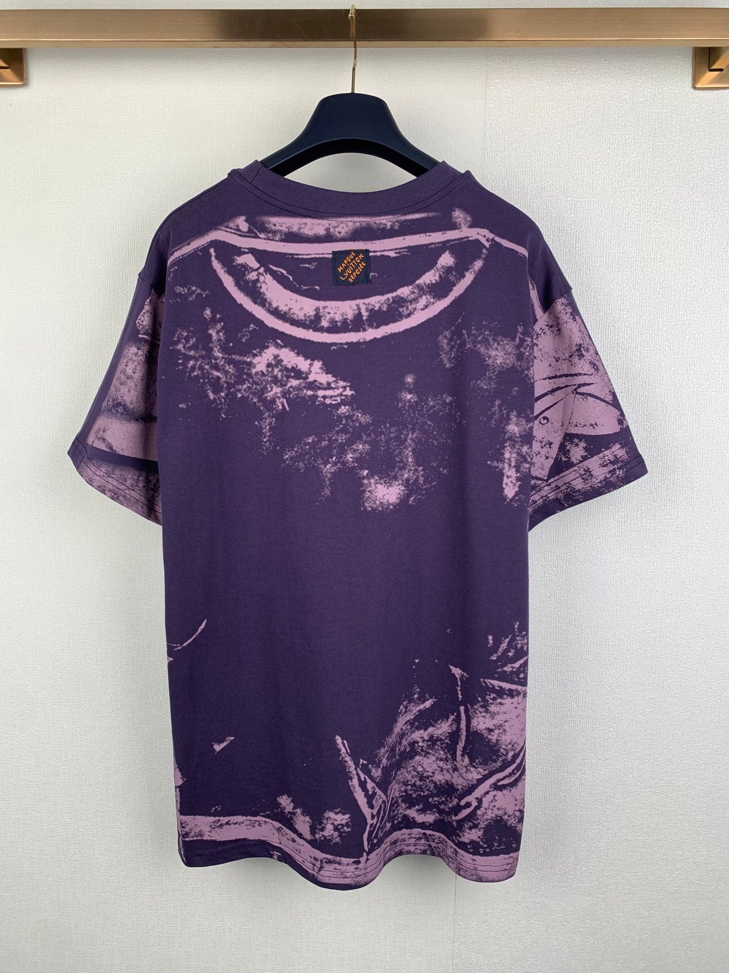 Louis Vuitton purple graphic T-shirt, back view with crew neck and short sleeves