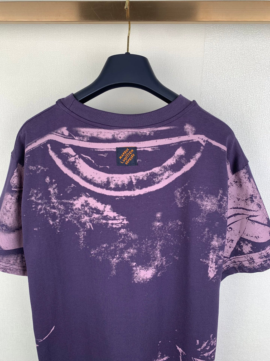 Louis Vuitton purple graphic T-shirt back view with crew neck and small center badge