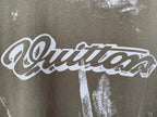 White stylized logo text print on brown T-shirt fabric