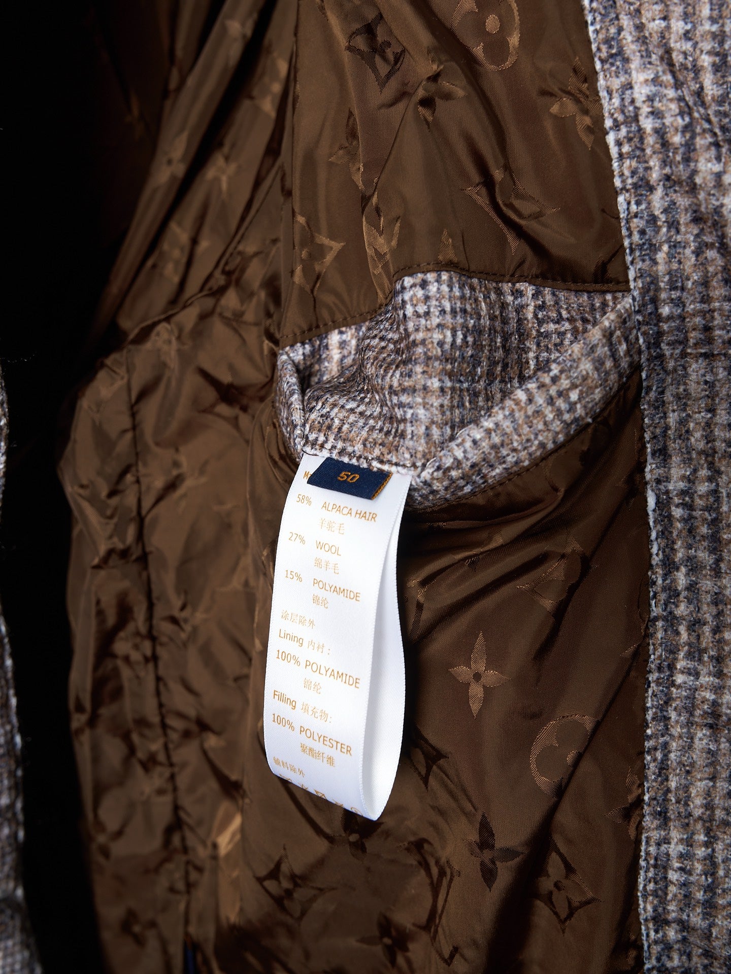 Louis Vuitton long coat, dark brown monogram fabric with attached size label tag