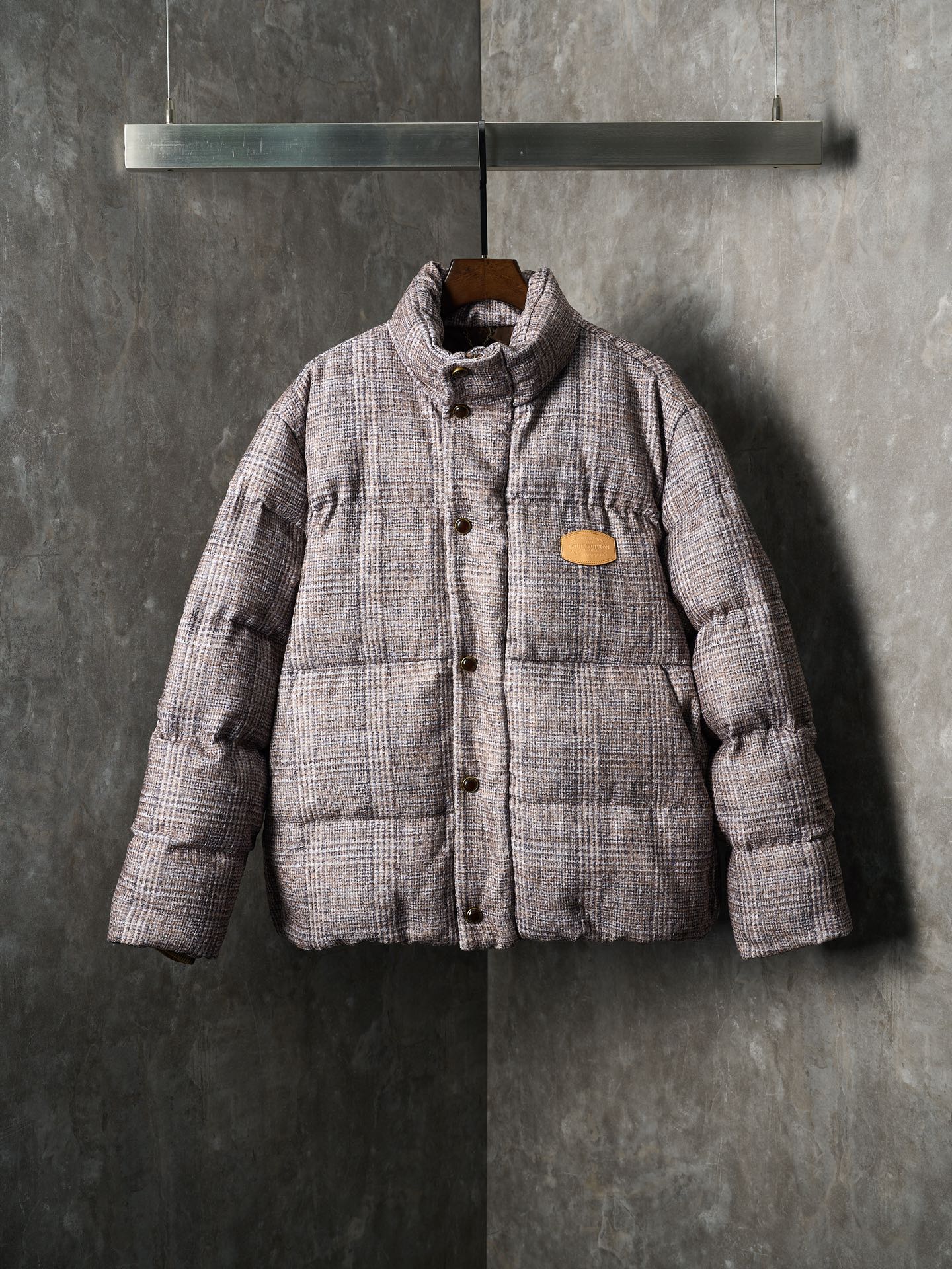 Louis Vuitton long puffer jacket with stand collar and front button placket