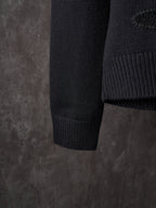 Black knit sweater sleeve cuff and hem in ribbed texture