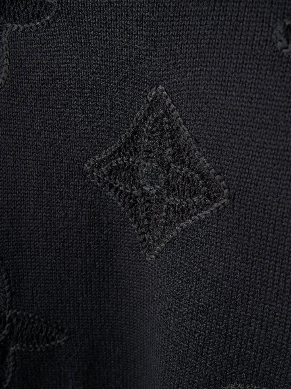 Black knit fabric close-up with embossed diamond monogram motif