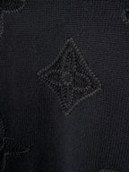 Black knit fabric close-up with embossed diamond monogram motif