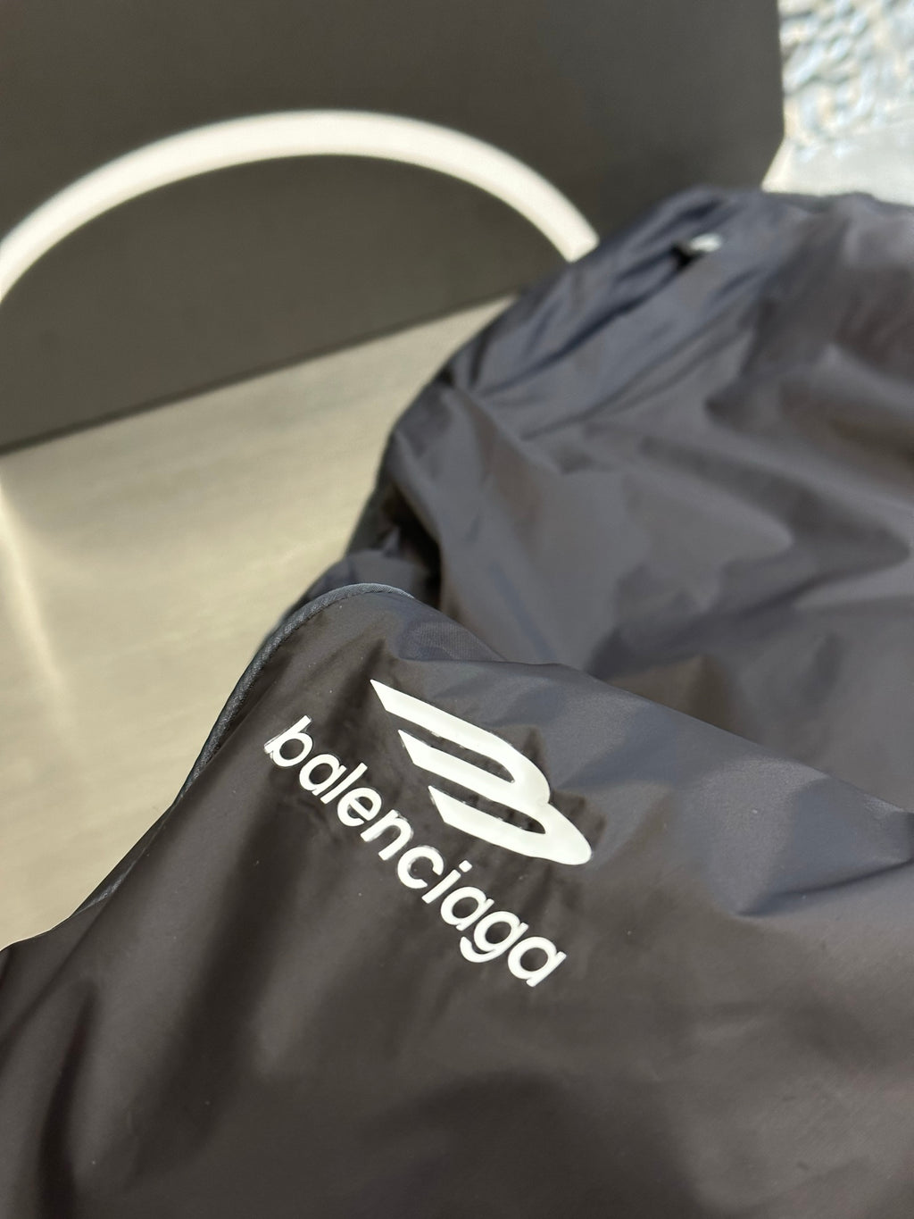 Balenciaga nylon pants, dark navy, embroidered balenciaga logo on side