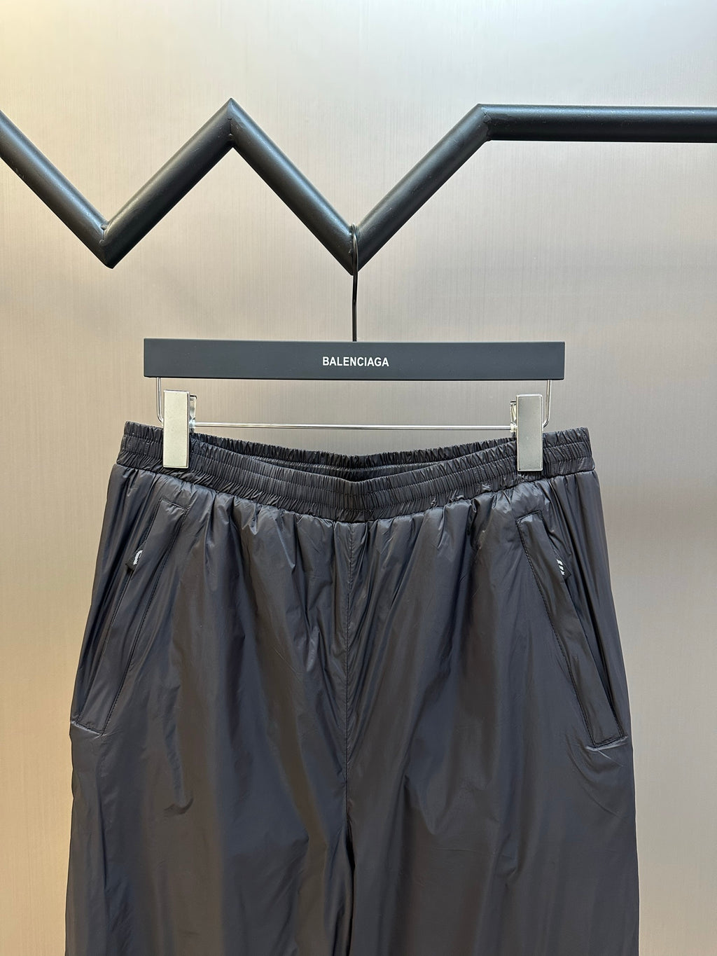 Balenciaga nylon pants, dark navy, elastic waistband with logo patch on hip