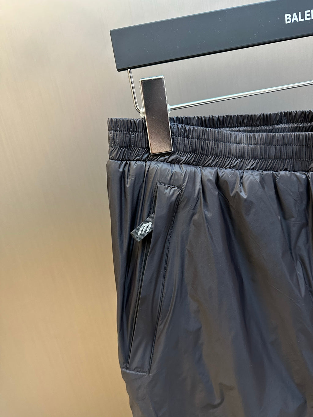 Balenciaga nylon pants, dark navy, elastic waistband and front pocket seam details