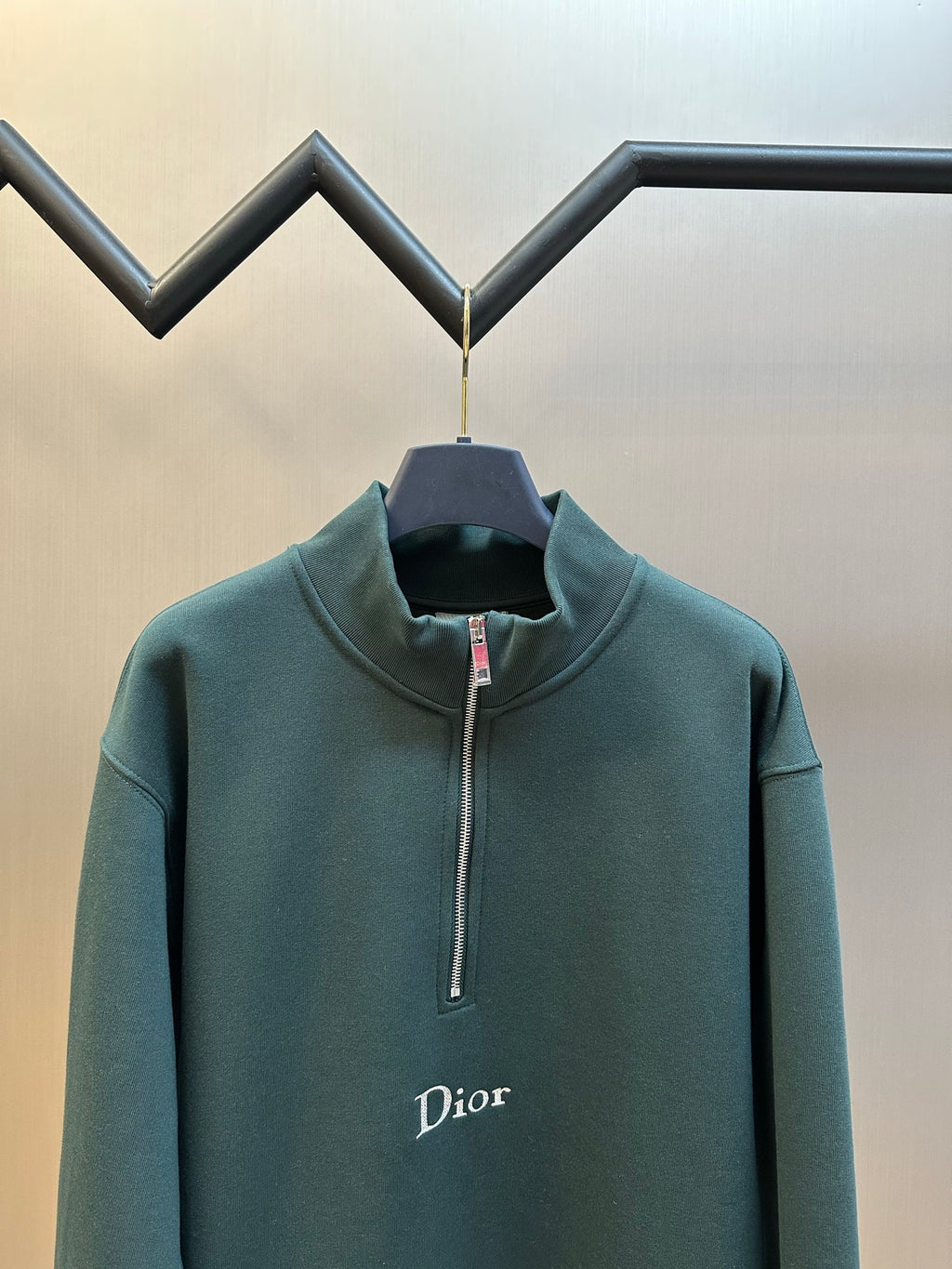 Teal Dior quarter-zip sweatshirt with ribbed collar and logo on chest