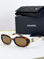 Designer round glasses, tortoiseshell frame with gold logo detail, brown lenses