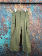 Olive cargo pants with front pleats and flap pockets, straight-leg fit