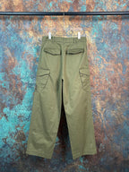 Olive utility pants with two flap pockets, visible belt loops and straight legs