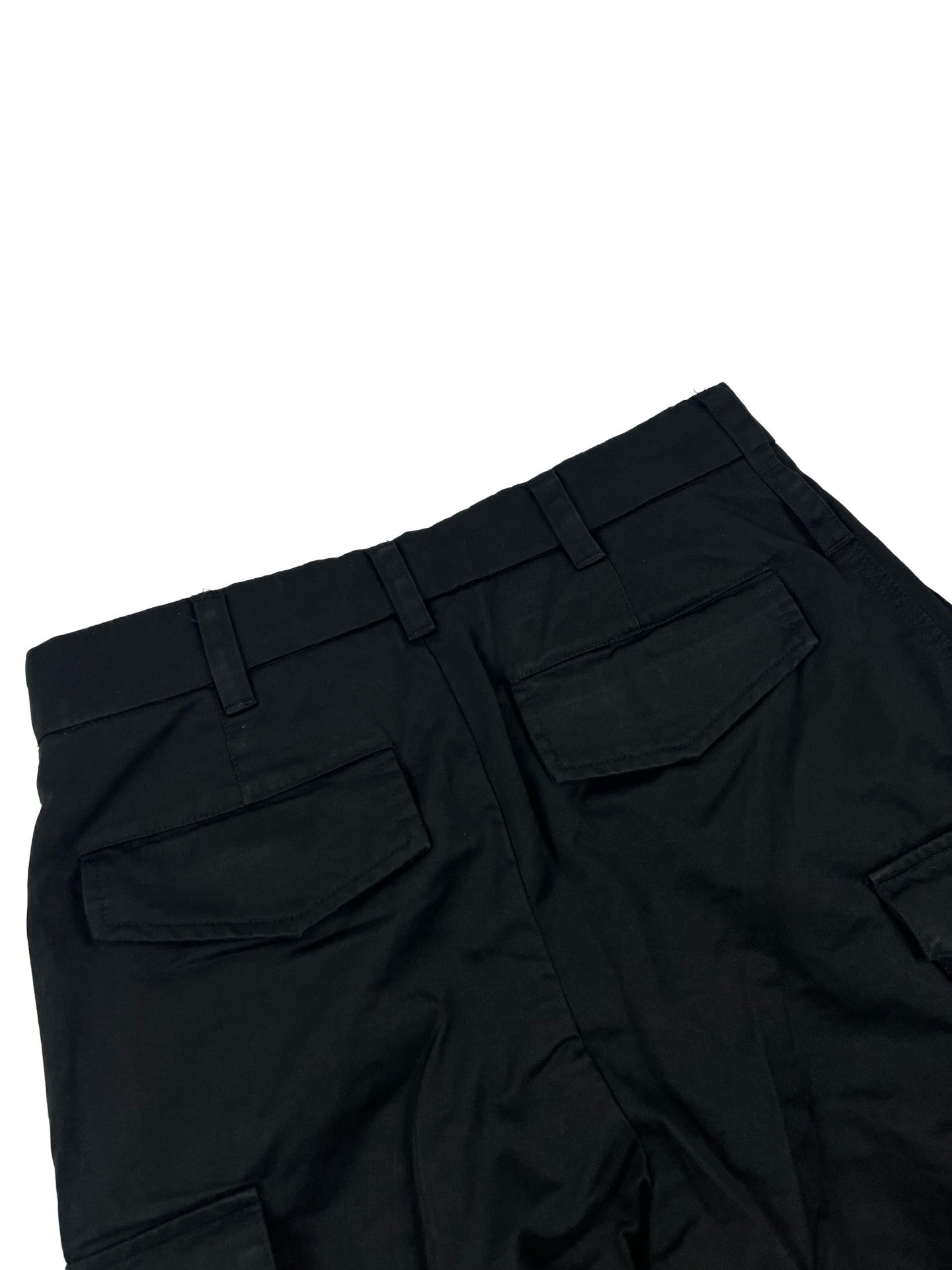 Dark cargo pants with back yoke seam and large patch pockets