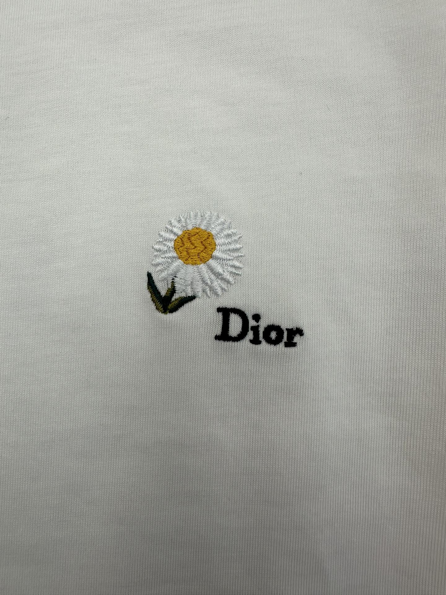White T-shirt with daisy embroidery and "Dior" text logo on front.
