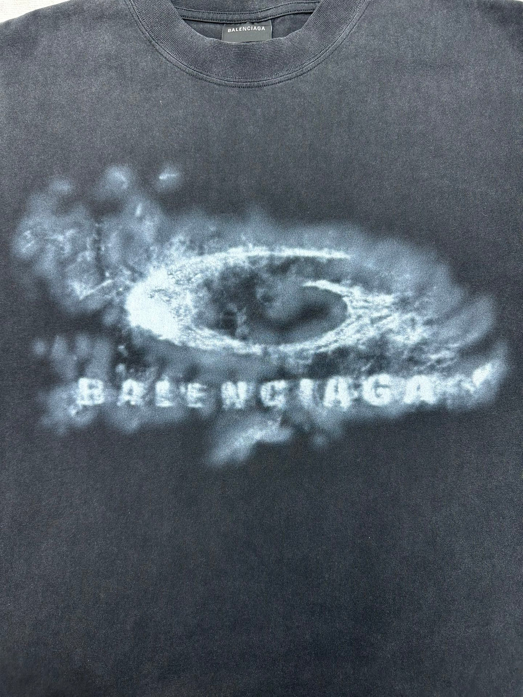Balenciaga short-sleeve T-shirt graphic, black with silver-gray distressed logo