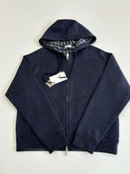 Dior navy zip-up hoodie with hood, front view on display