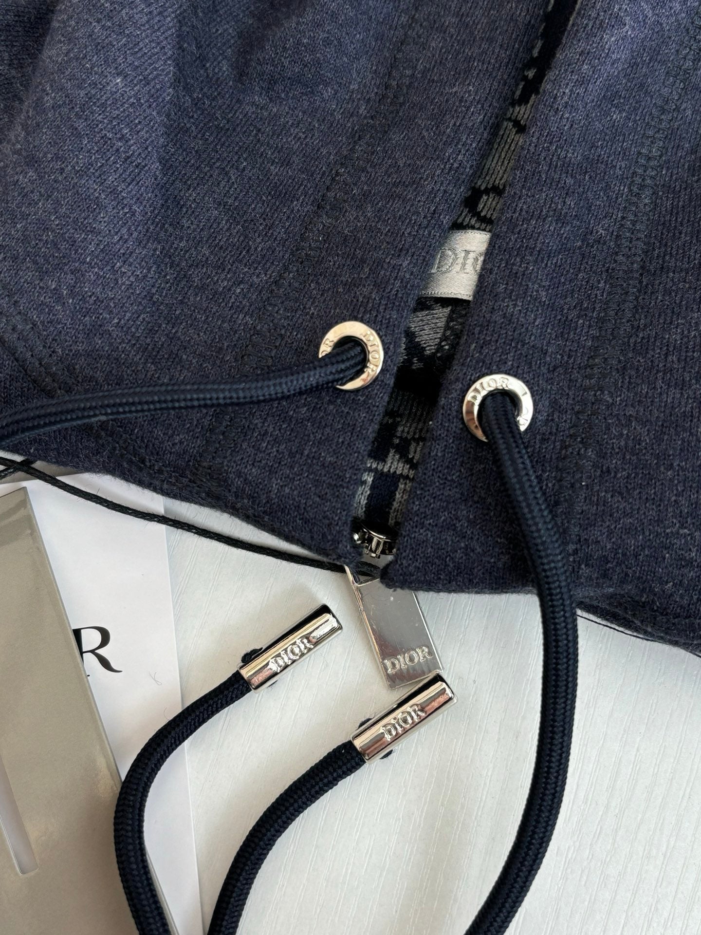 Dior navy hoodie zipper and drawstrings with metal aglets