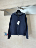 Dior navy zip-up hoodie with hood and ribbed cuffs, front view