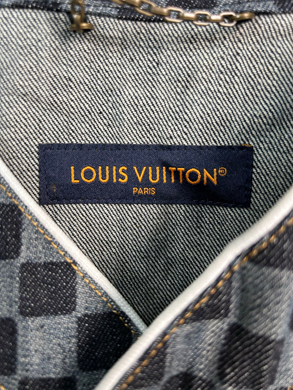 Louis Vuitton brand label inside checkered denim-like shirt neck