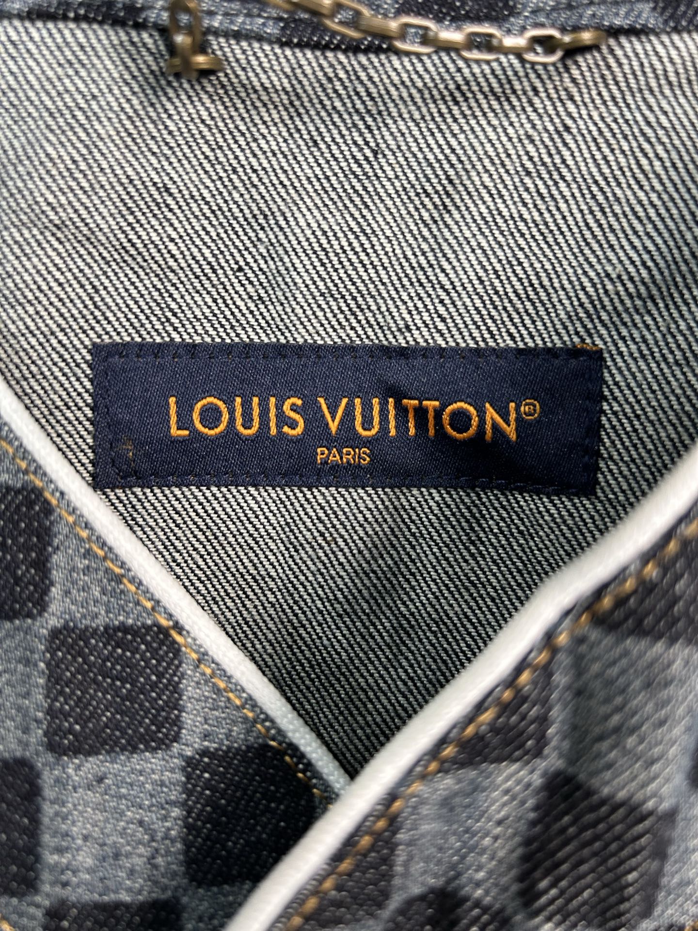 Louis Vuitton brand label inside checkered denim-like shirt neck