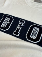 Dior sweater chest graphic with outlined letters on dark band, cream base