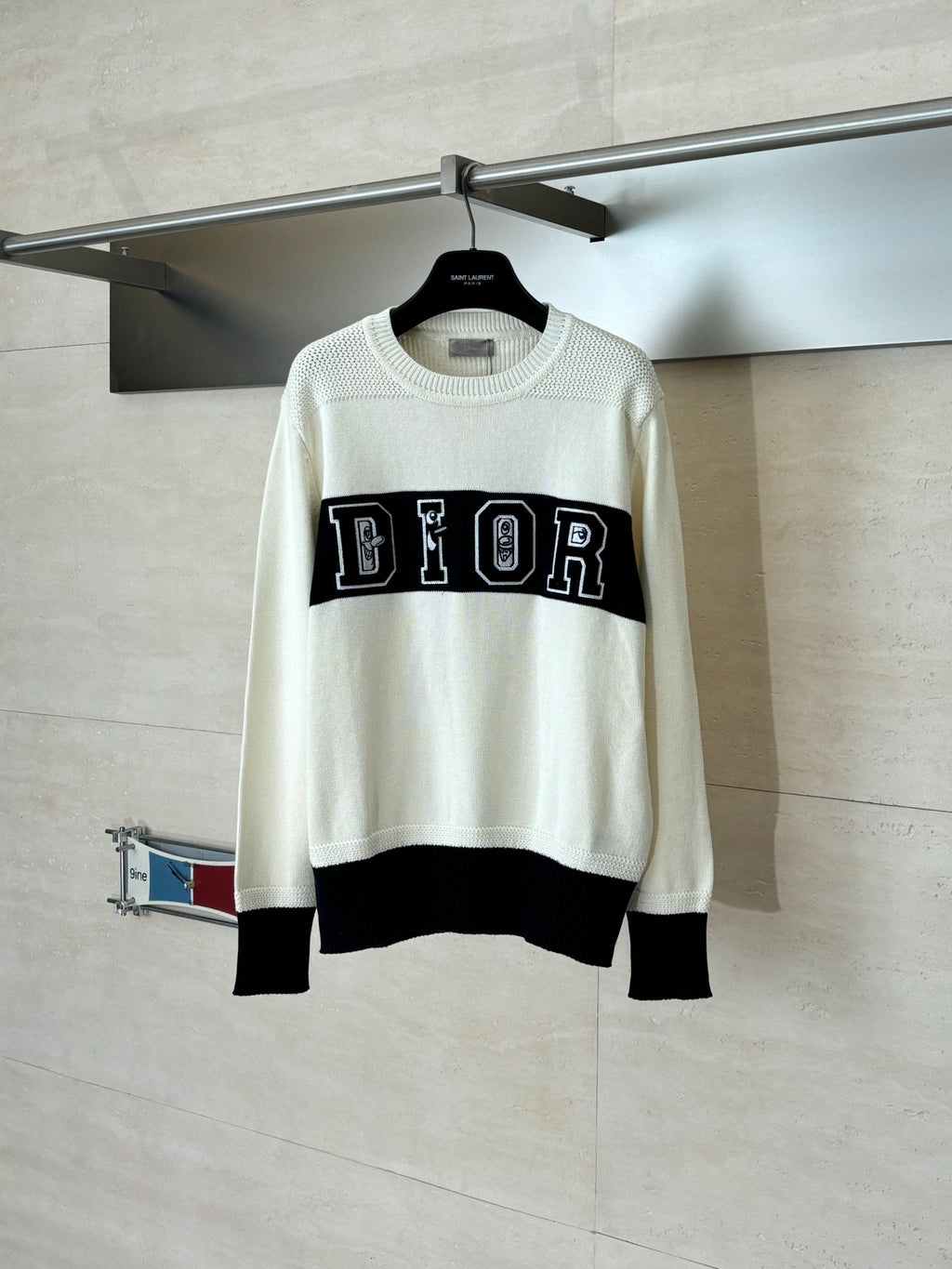Dior crewneck sweater in cream with black ribbed hem/cuffs and DIOR logo