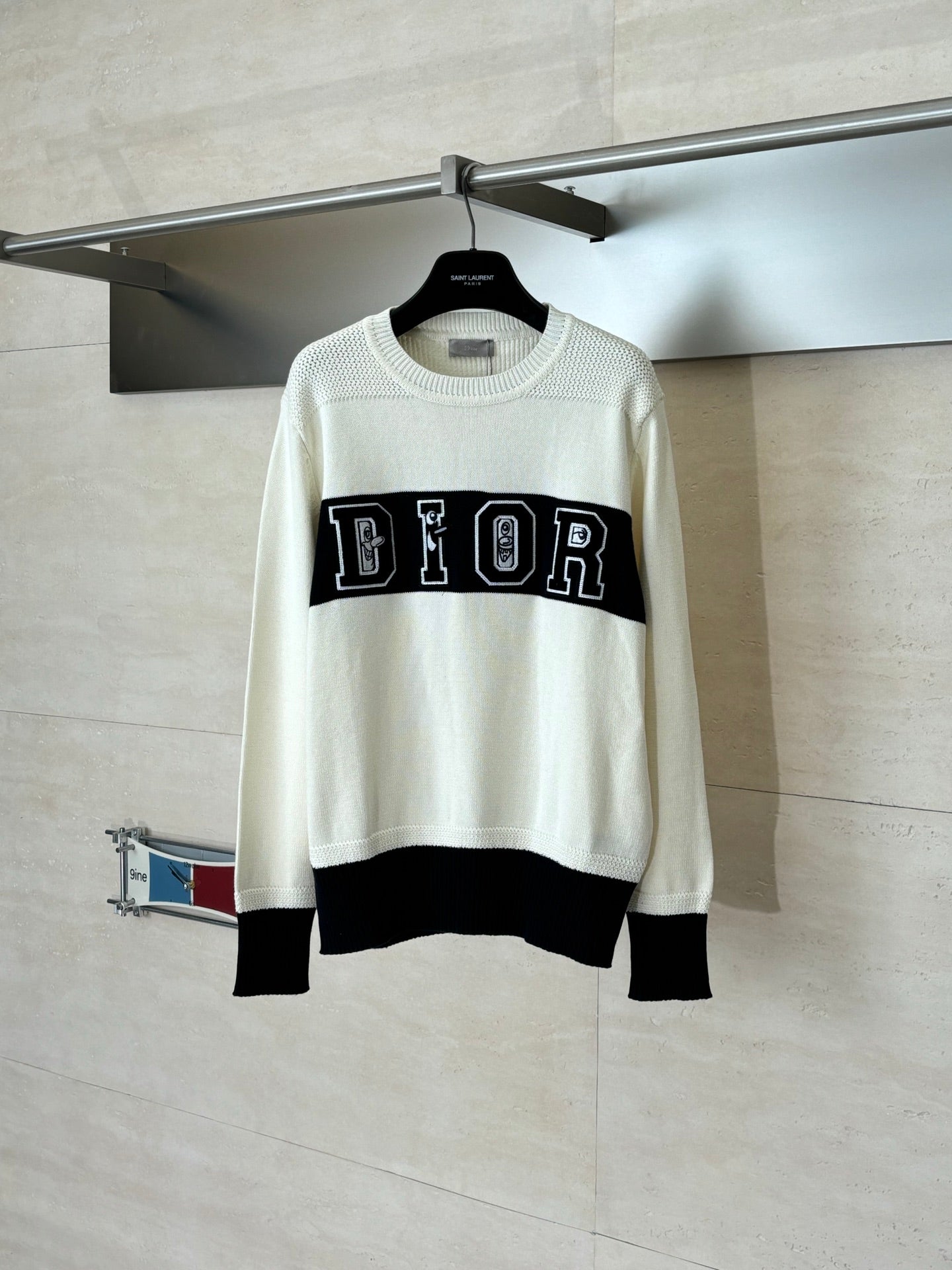 Dior crewneck sweater in cream with black ribbed hem/cuffs and DIOR logo