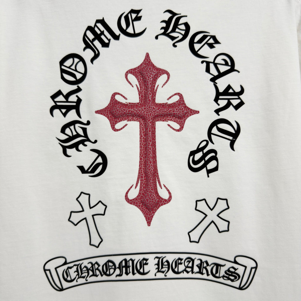 White T-shirt back with black Gothic text and red cross